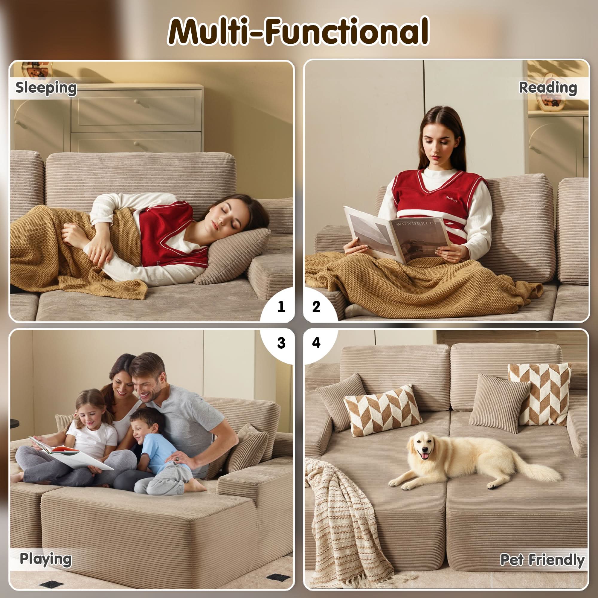 OVIOS 81.2" Cloud Plush Oversized Sectional with Double Chaise – Sofa Bed Comfort, No Assembly Required
