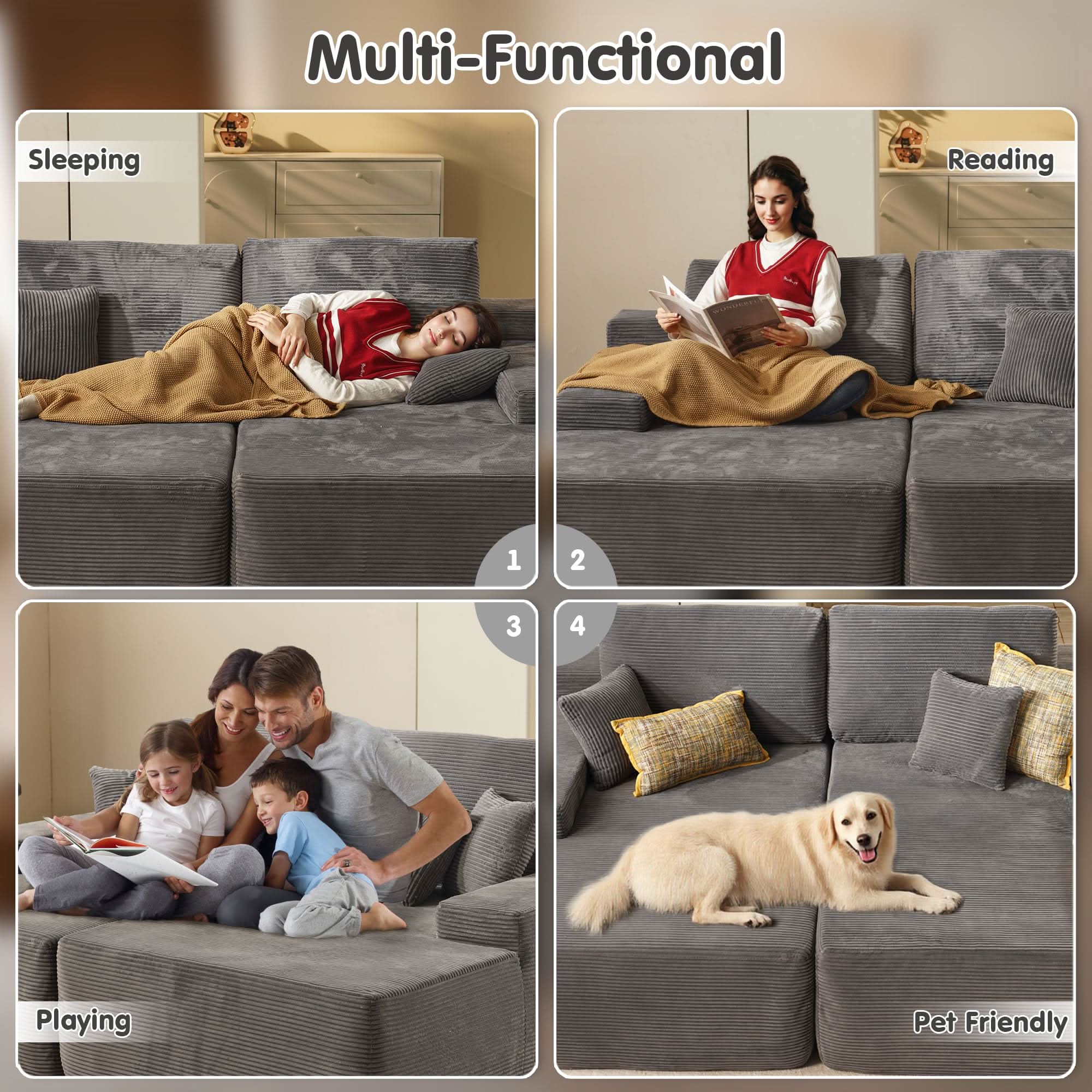 OVIOS 81.2" Cloud Plush Oversized Sectional with Double Chaise – Sofa Bed Comfort, No Assembly Required