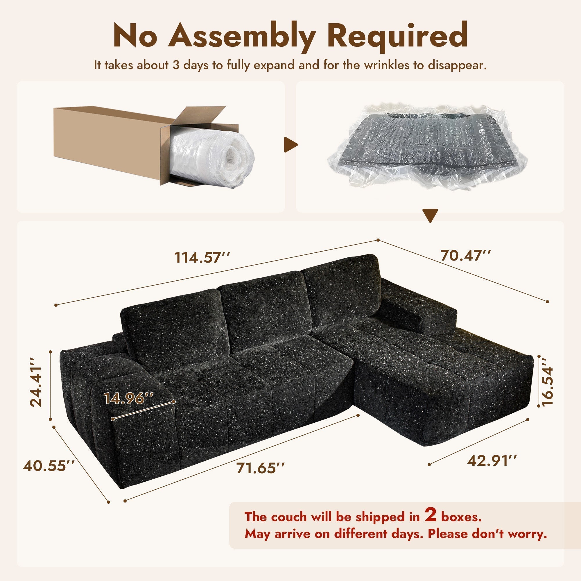 OVIOS 114" Cloud Sectional Sofa - L-Shaped Faux Leather Modular Couch with Deep Seat Chaise