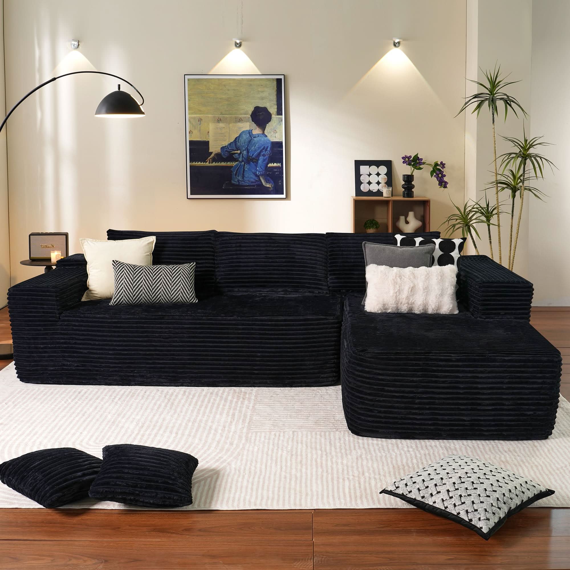 OVIOS 104" L-Shape Modular Couch with Chaise, Plush Corduroy Fabric, No Assembly Required