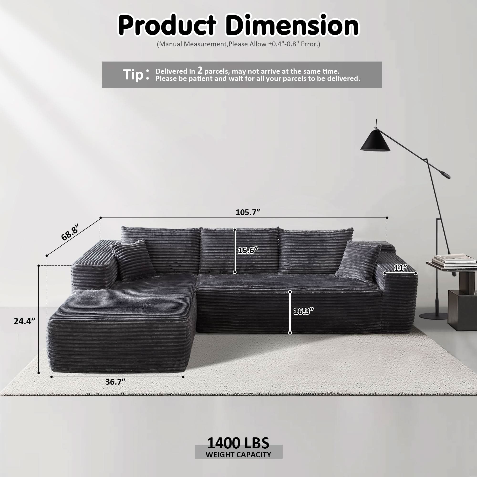 OVIOS 104" L-Shape Modular Couch with Chaise, Plush Corduroy Fabric, No Assembly Required