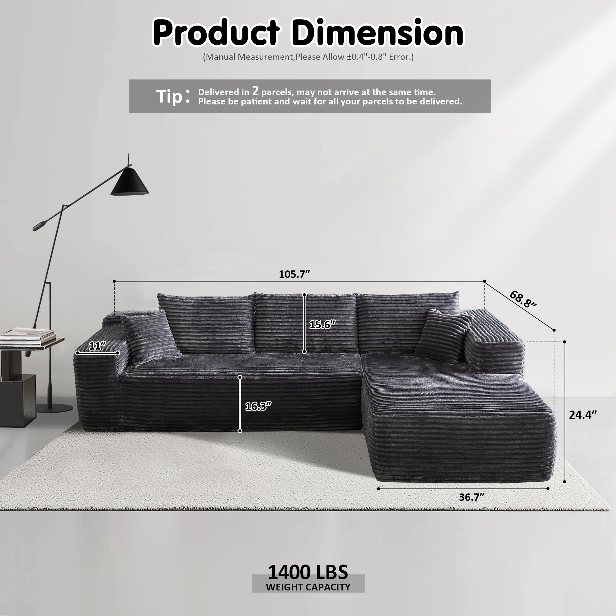 OVIOS 104" L-Shape Modular Couch with Chaise,Corduroy Fabric,No Assembly Required