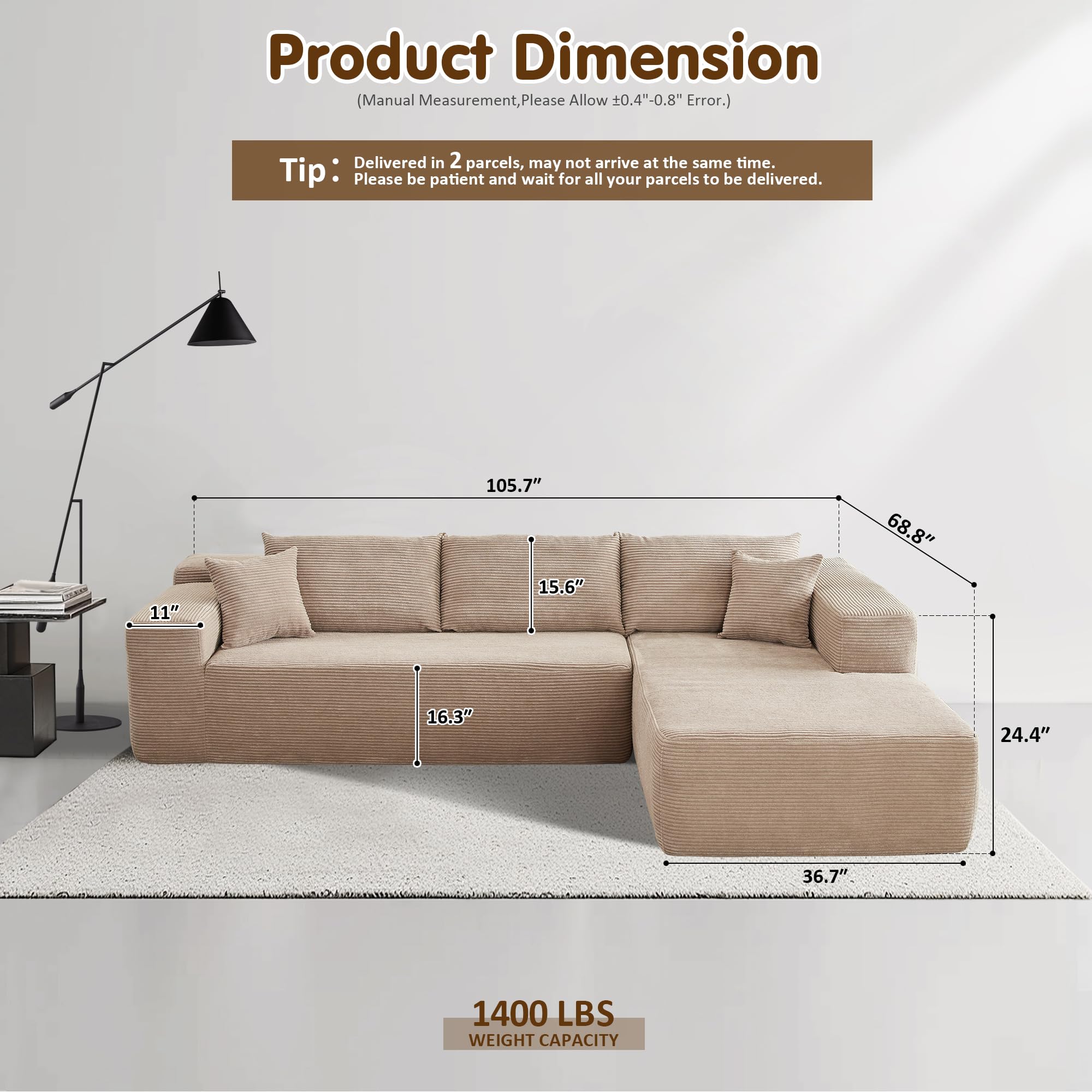 OVIOS 104" L-Shape Modular Couch with Chaise,Corduroy Fabric,No Assembly Required