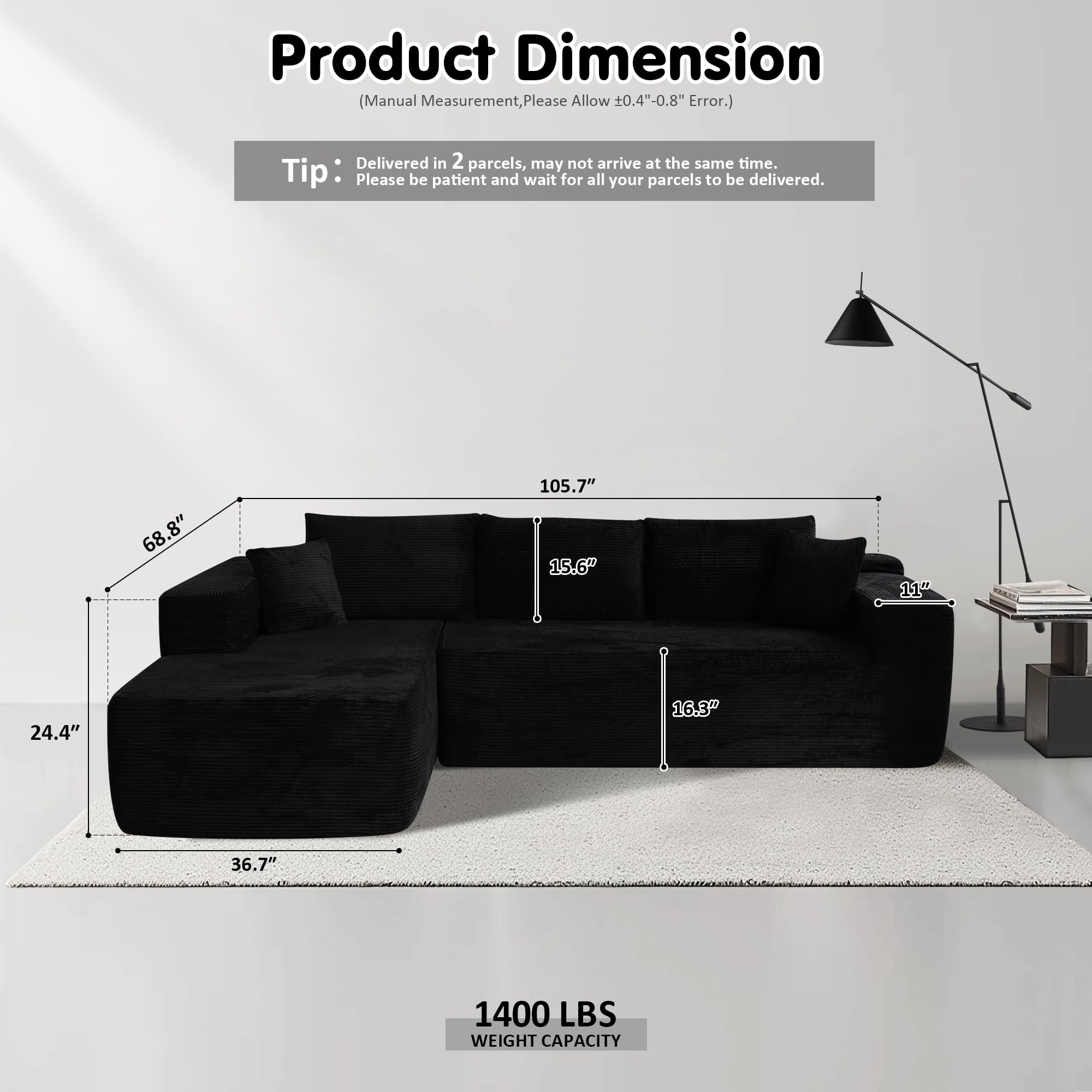 OVIOS 104" L-Shape Modular Couch with Chaise,Corduroy Fabric,No Assembly Required