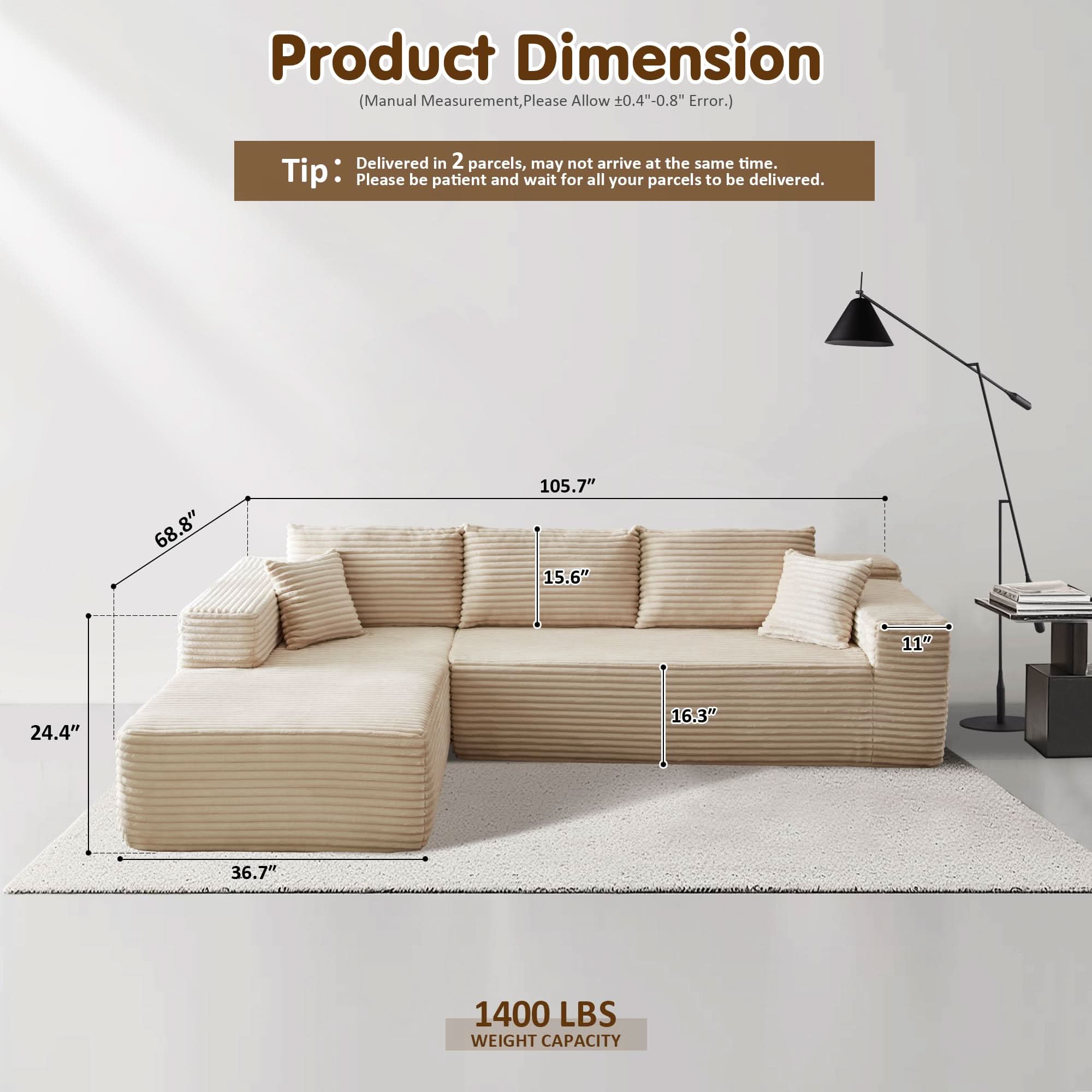OVIOS 104" L-Shape Modular Couch with Chaise, Plush Corduroy Fabric, No Assembly Required
