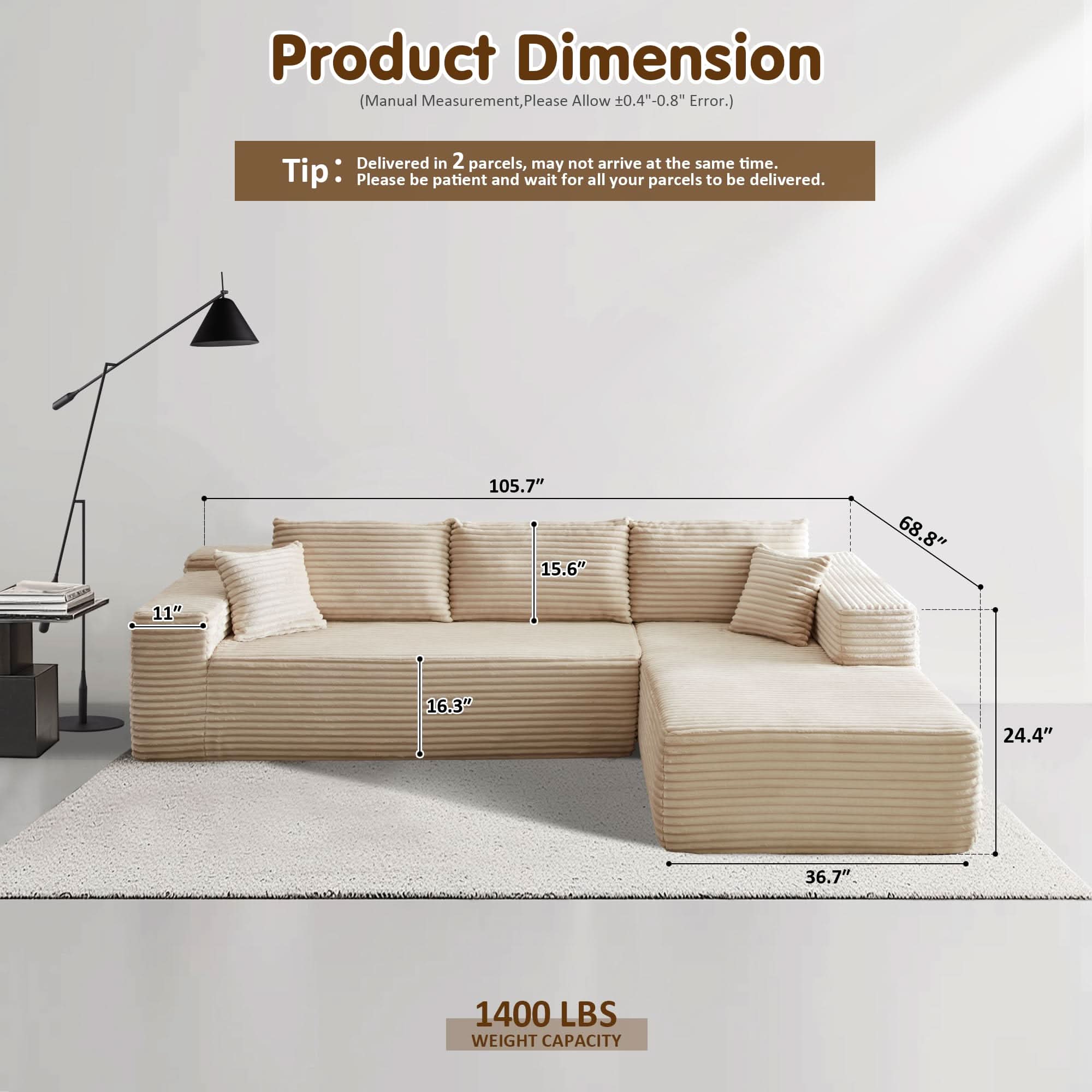 OVIOS 104" L-Shape Modular Couch with Chaise, Plush Corduroy Fabric, No Assembly Required