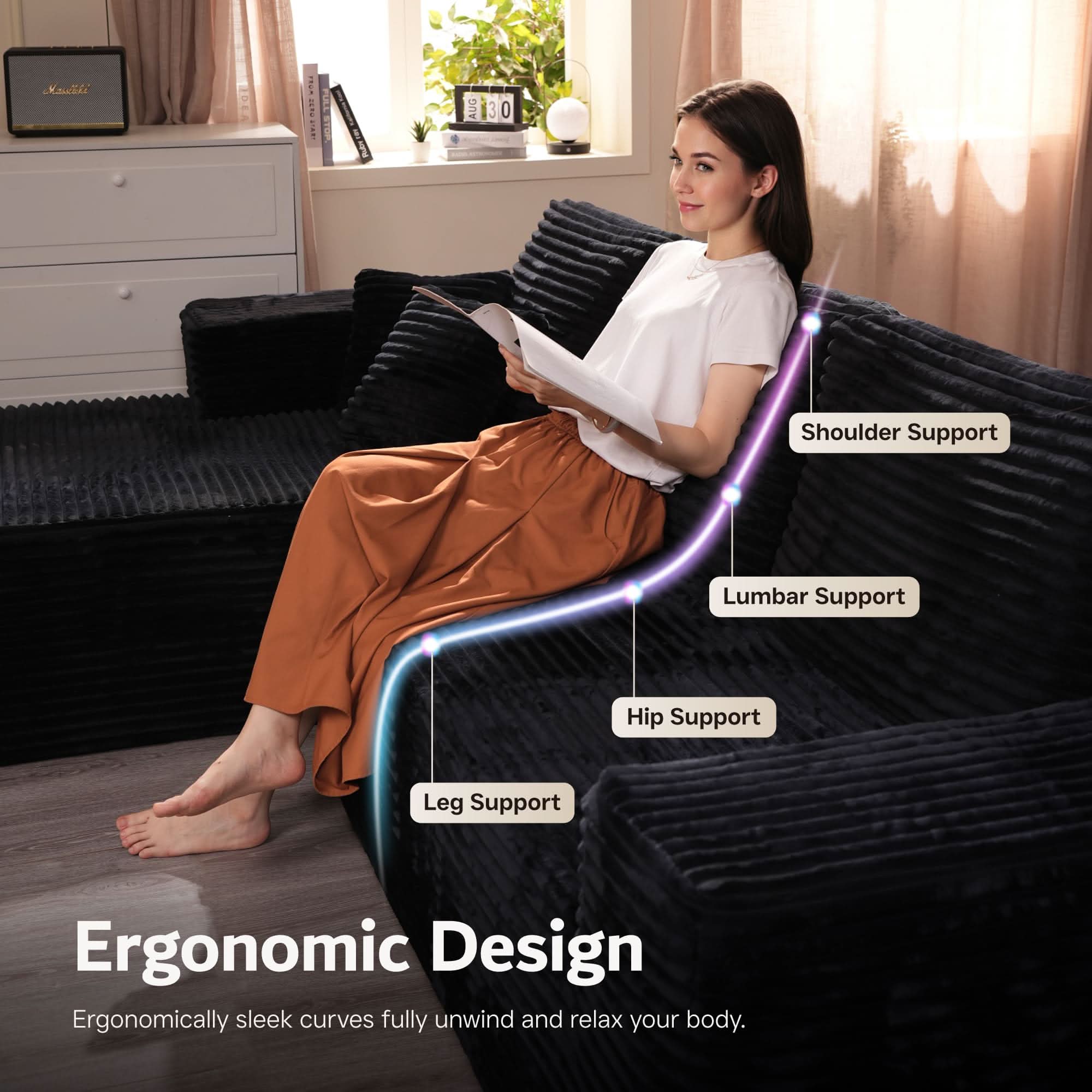 OVIOS sectional cloud couch, living room U-shaped sofa, plush corduroy, memory foam, no assembly required.