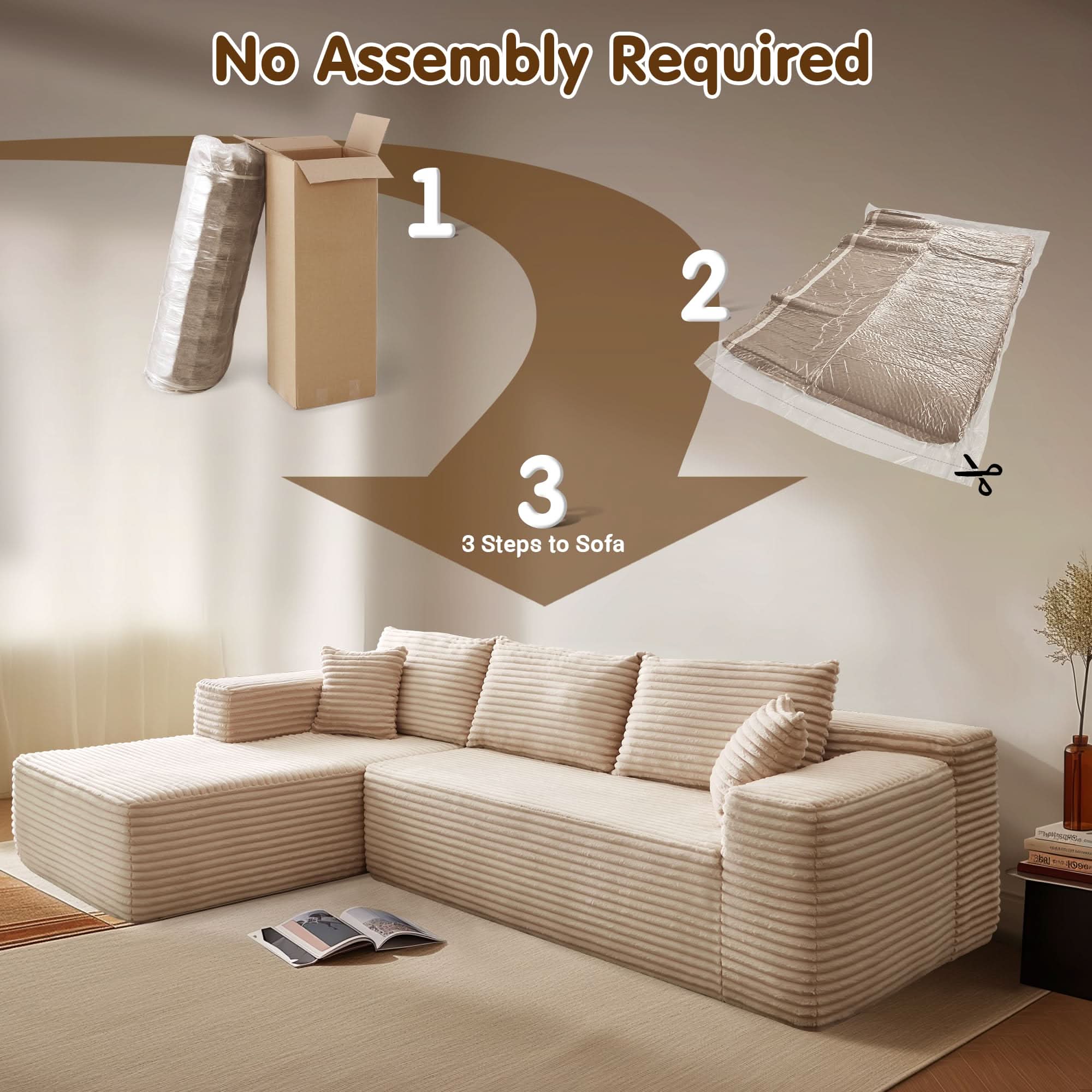 OVIOS 104" L-Shape Modular Couch with Chaise, Plush Corduroy Fabric, No Assembly Required