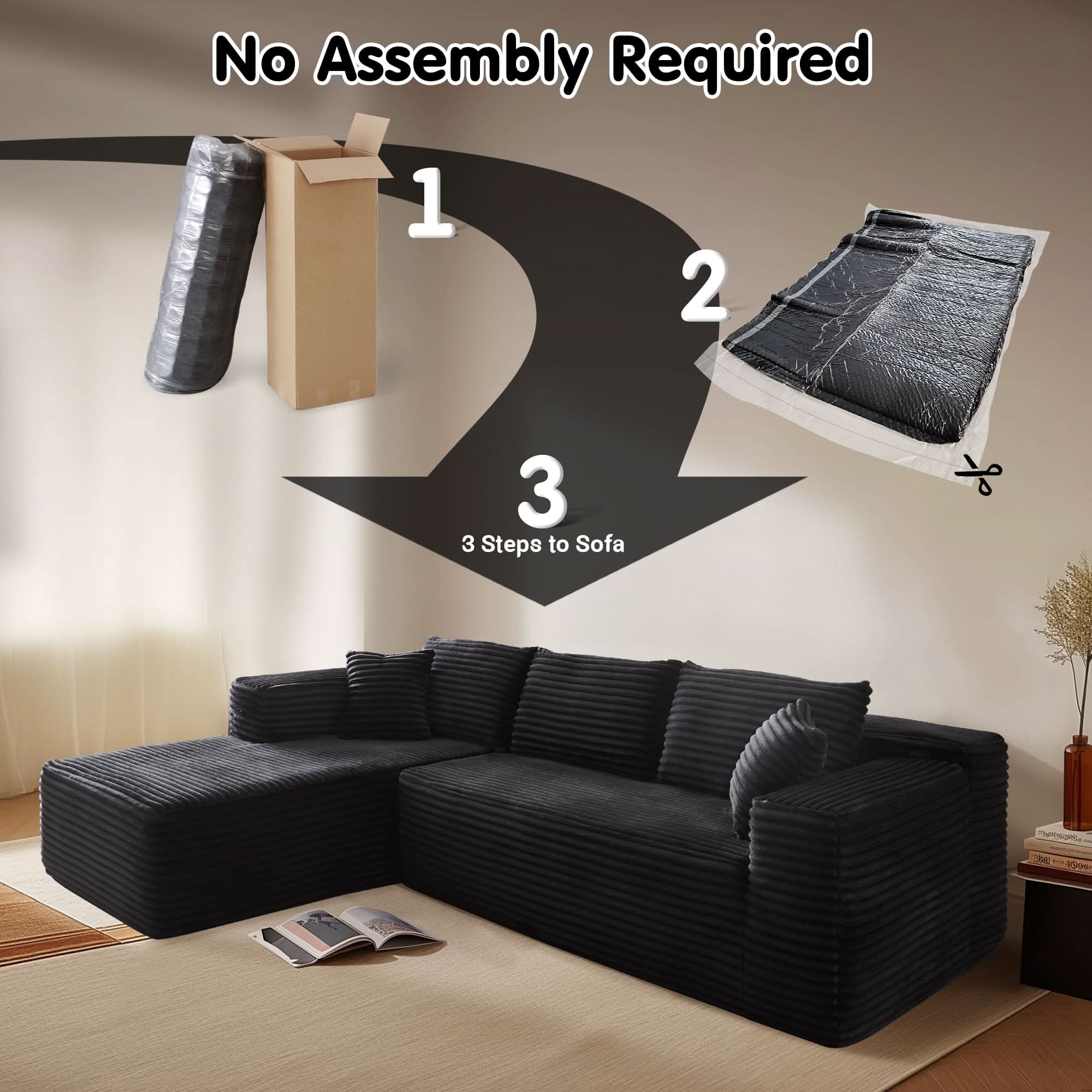OVIOS 104" L-Shape Modular Couch with Chaise, Plush Corduroy Fabric, No Assembly Required