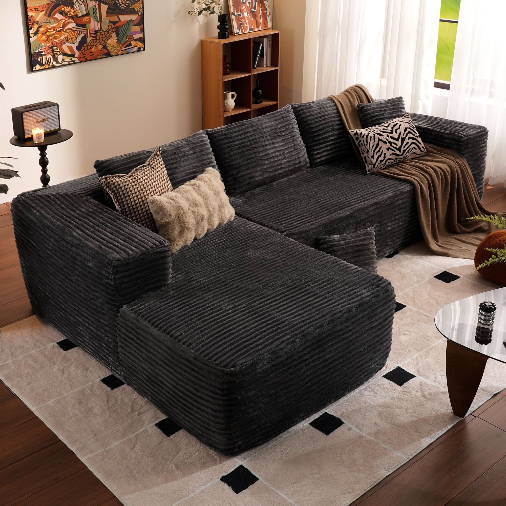 OVIOS 104" L-Shape Modular Couch with Chaise, Plush Corduroy Fabric, No Assembly Required
