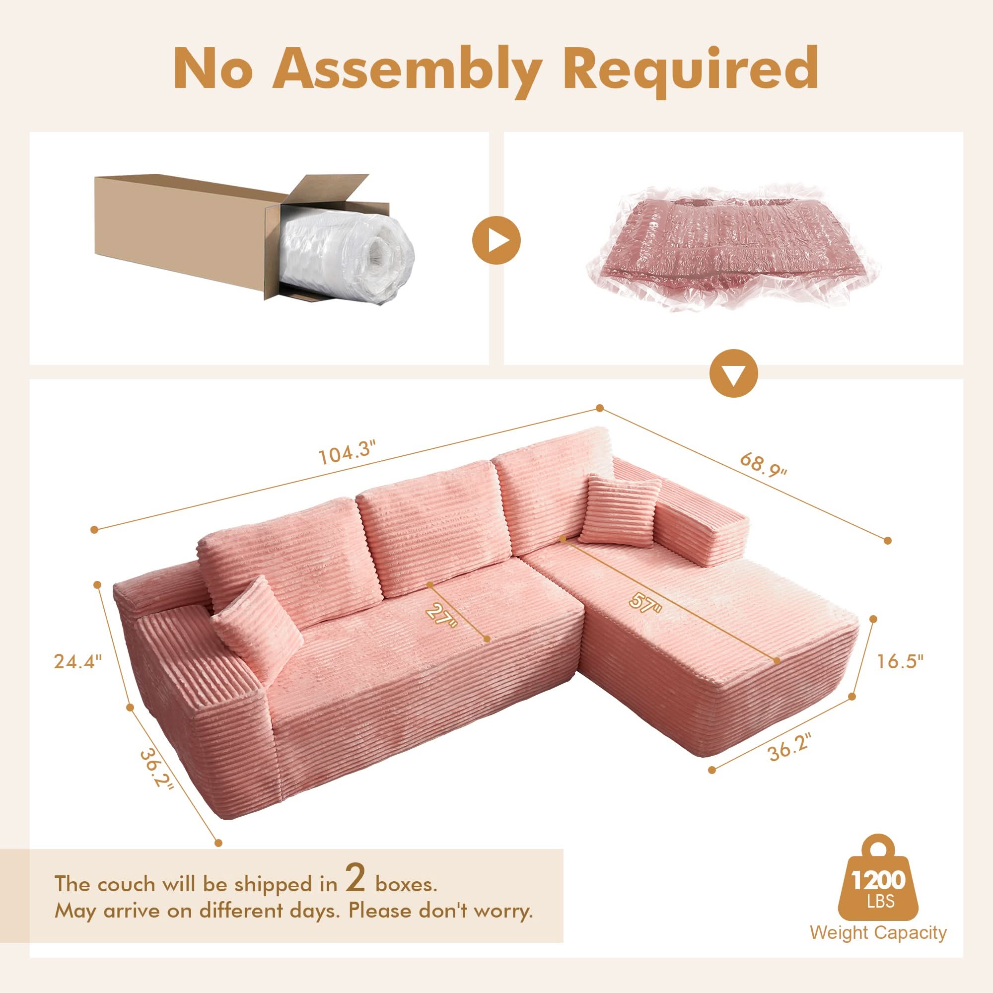 OVIOS 104" L-Shape Modular Couch with Chaise, Plush Corduroy Fabric, No Assembly Required